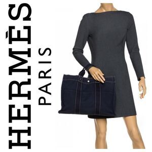 Authentic HERMES Deauville MM Hand Tote Bag Canvas Black